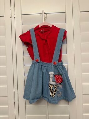 Red Top with Light Blue Suspender Skirt Set for Kids